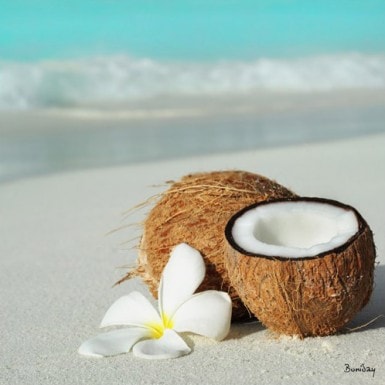 Une noix de coco ouverte sur la plage de' sable fin ornée d'une fleur de vahiné
